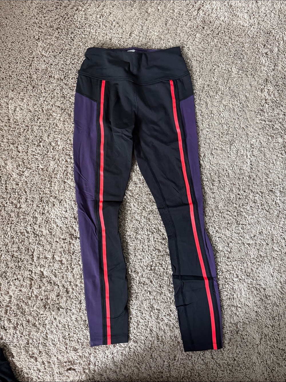 Avia Black Leggings with Purple Side Panels and Red Stripes